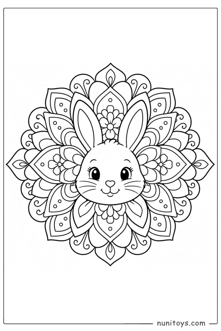 Coloriage tête de lapin au centre d’un mandala floral