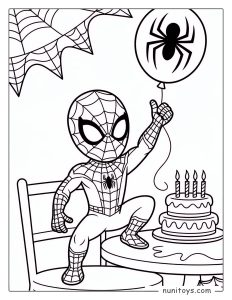 Spiderman celebrating a birthday with cake and spider balloon