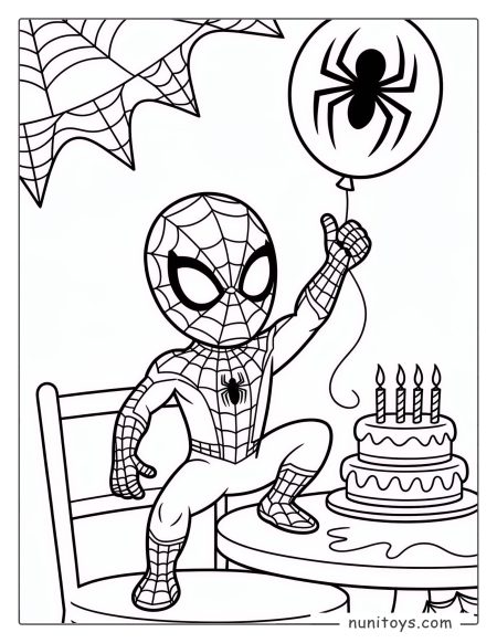 Spiderman celebrating a birthday with cake and spider balloon