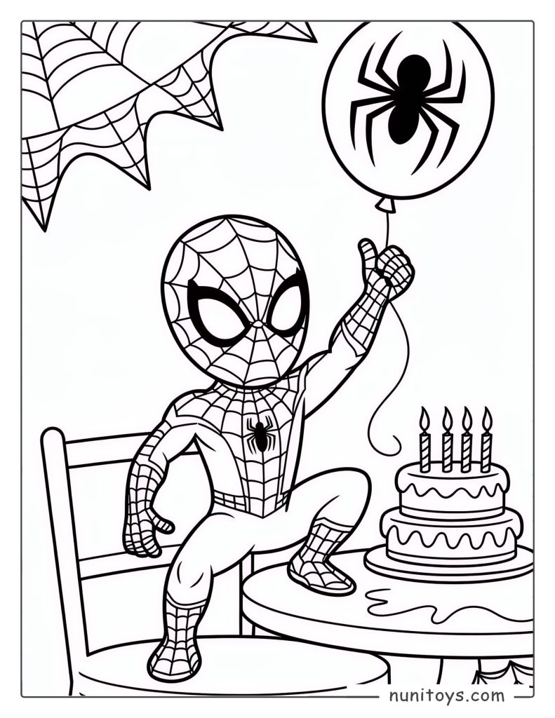 Spiderman celebrating a birthday with cake and spider balloon