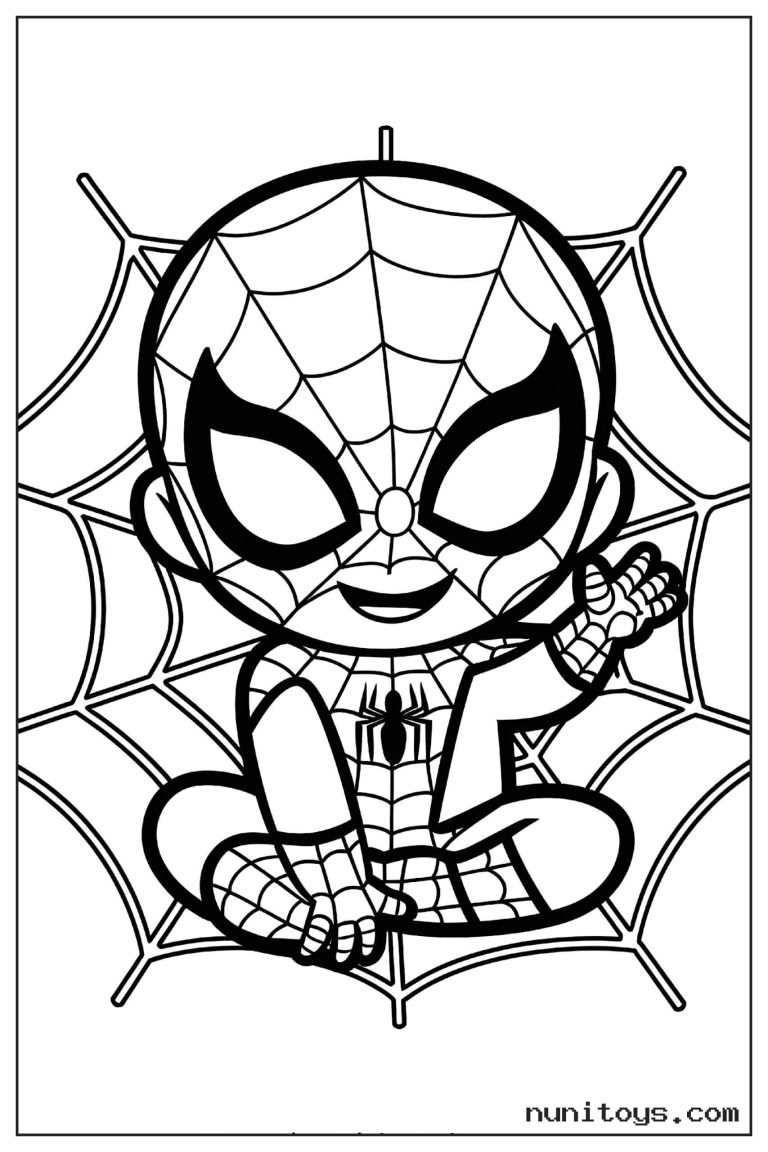 Coloriage petit Spiderman assis sur une toile avec main levée