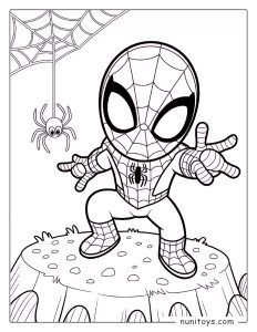 Cute Spiderman crouching on a rock with web and spider nearby