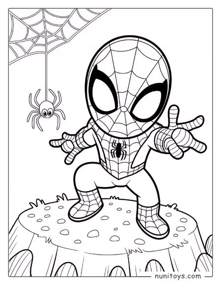 Cute Spiderman crouching on a rock with web and spider nearby