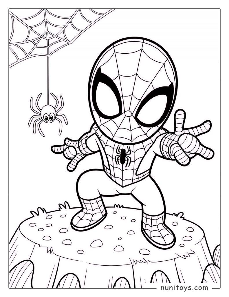 Cute Spiderman crouching on a rock with web and spider nearby