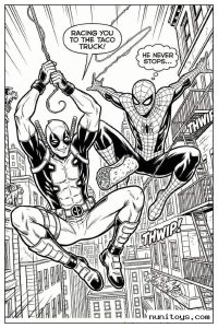 Deadpool and Spiderman Swinging Through City Coloring Page