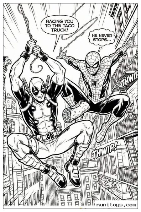 Deadpool and Spiderman Swinging Through City Coloring Page