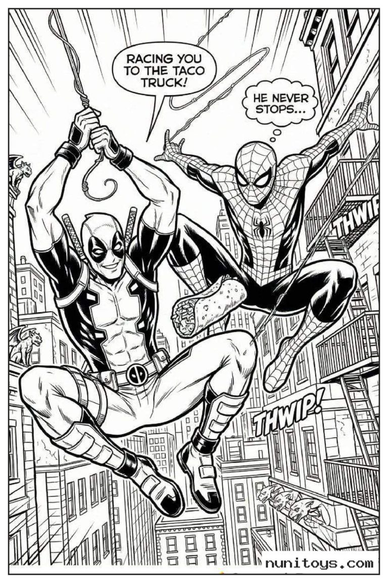 Coloriage Spiderman et Deadpool se balançant entre les immeubles