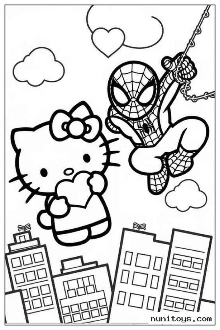 Coloriage Spiderman et Hello Kitty au-dessus de la ville