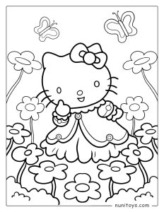 Princess Hello Kitty in a Flower Field Coloring Page