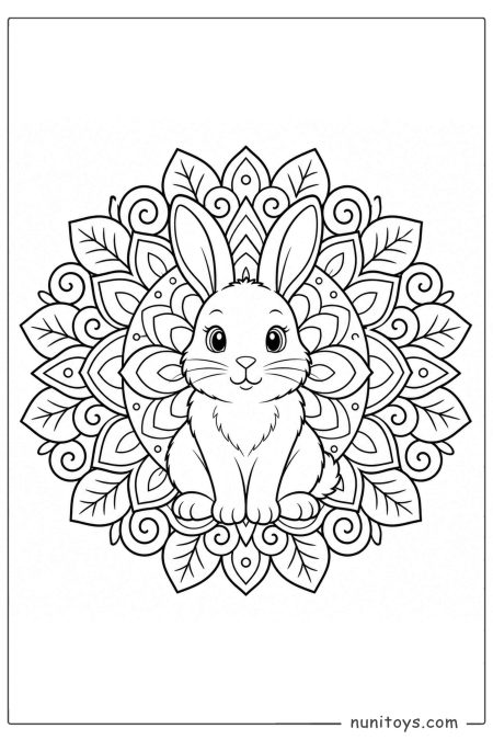 Printable Bunny Sitting in Leaf Mandala Coloring Page