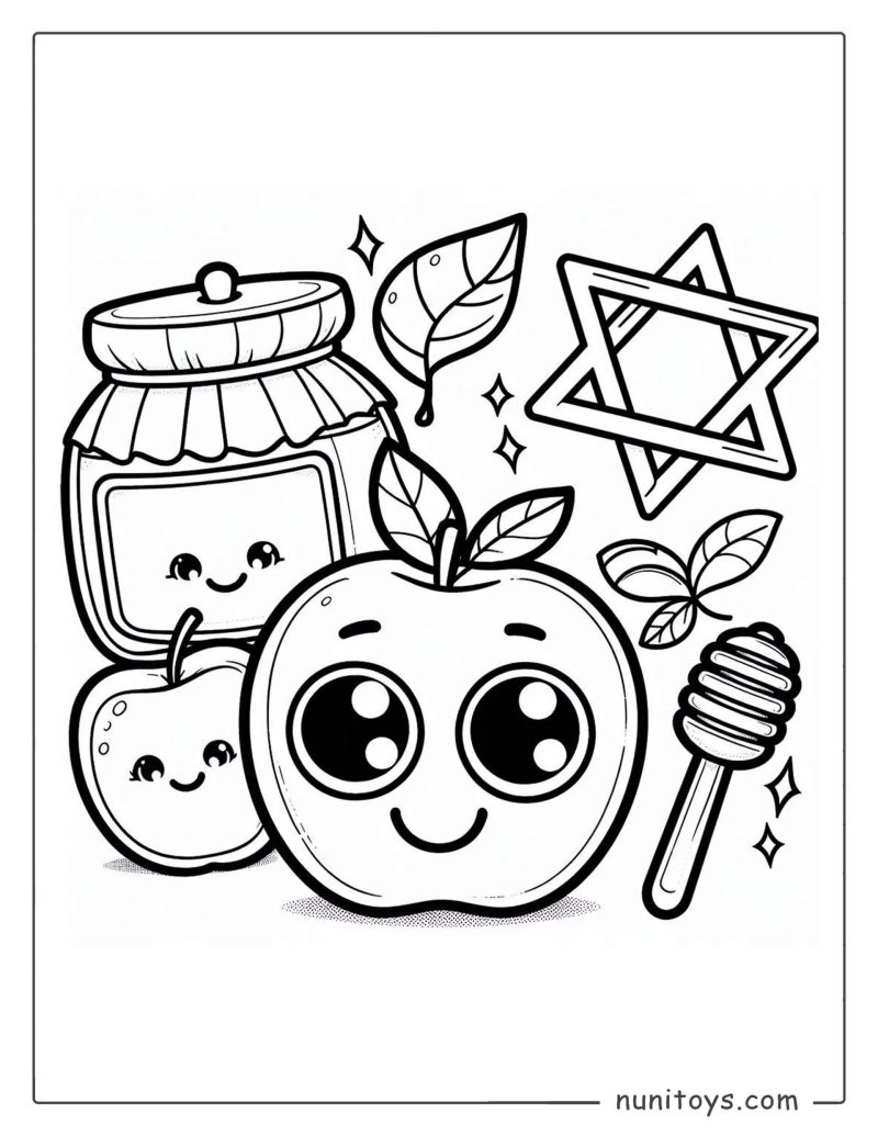 Cute Rosh Hashanah Coloring Page – Apples, Honey & Star of David