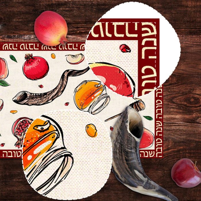 Rosh Hashanah linen table runner With Design honey pomegranate shofar