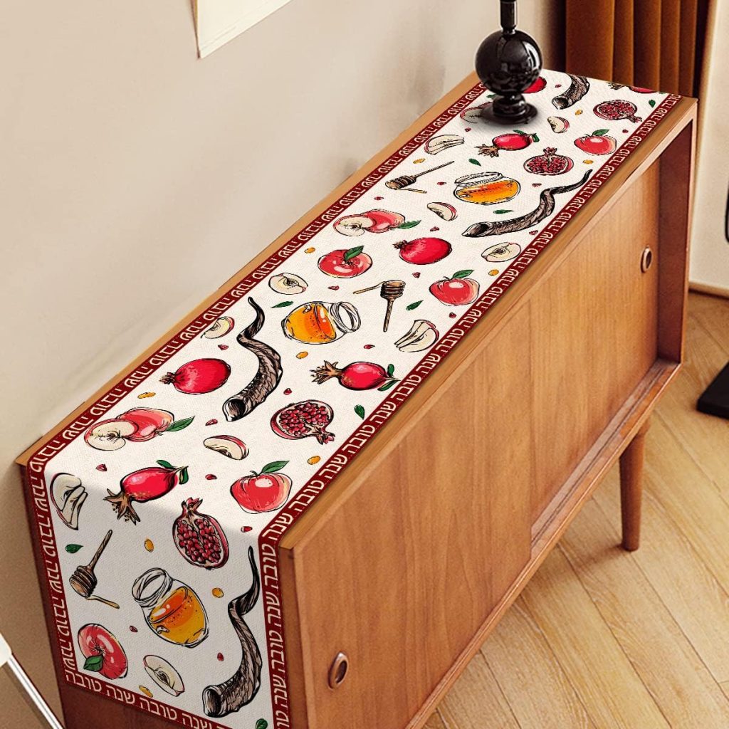 Rosh Hashanah linen table runner With Design honey pomegranate shofar Rosh Hashanah linen table runner With Design honey pomegranate shofar