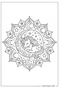 Sleeping Unicorn on Crescent Moon Mandala Coloring Page