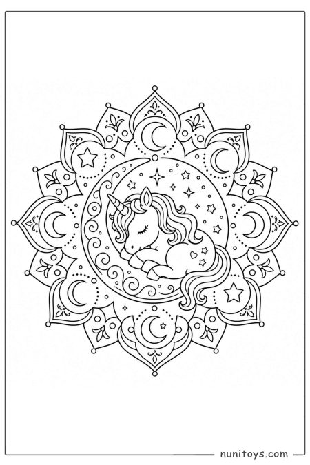 Sleeping Unicorn on Crescent Moon Mandala Coloring Sheet