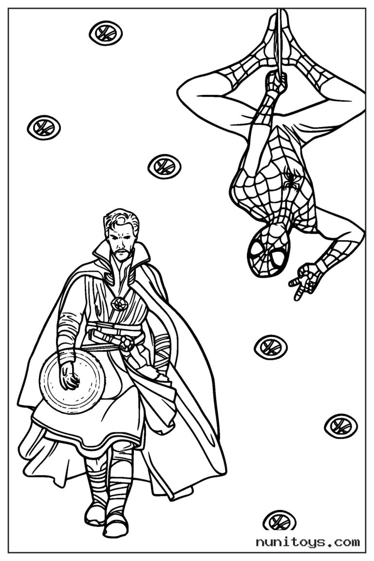 Coloriage Spiderman suspendu tête en bas au-dessus de Doctor Strange