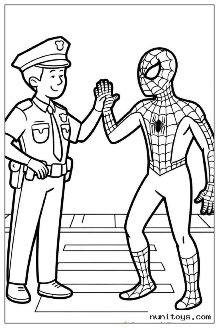 Coloriage Spiderman faisant un high five avec un policier