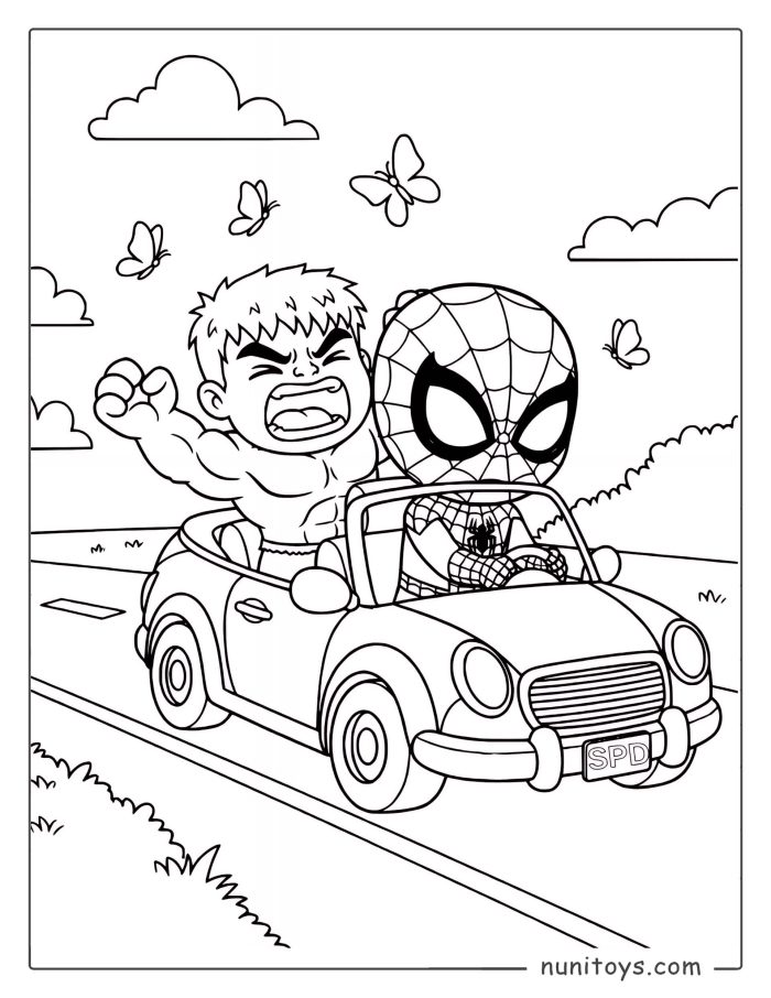 Spiderman and Hulk’s Funny Ride – Kids Coloring Page