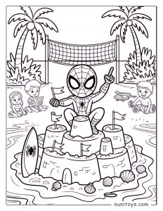 Spiderman building a sandcastle on the beach with kids