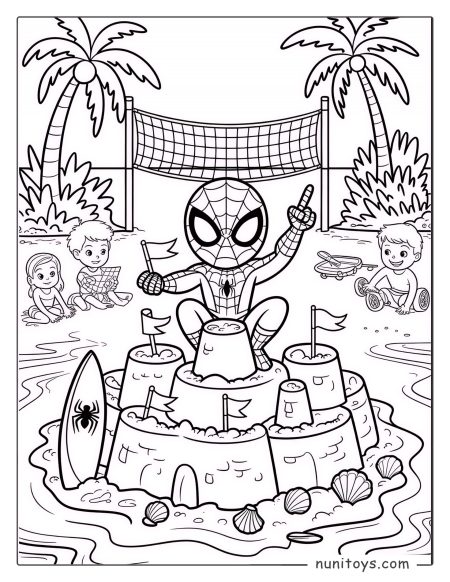 Spiderman building a sandcastle on the beach with kids