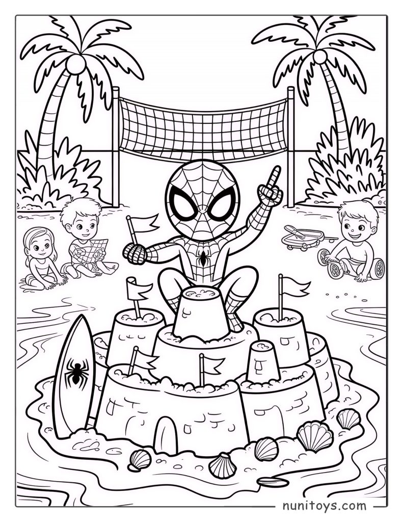 Spiderman building a sandcastle on the beach with kids