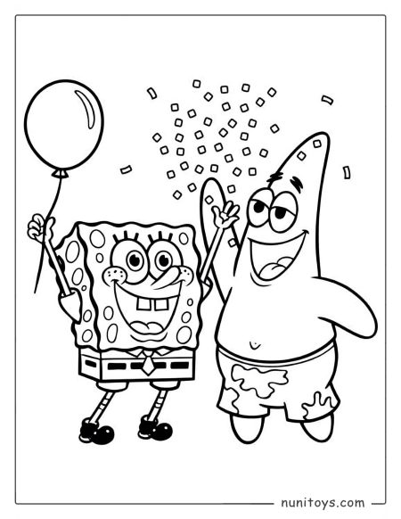 Spongebob and Patrick Coloring Page – Celebration with Balloon and Confetti