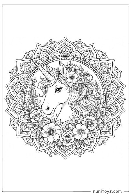Unicorn Head Floral Mandala Coloring Sheet