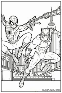 Coloring Sheet of Spiderman and Black Panther Leaping Over City