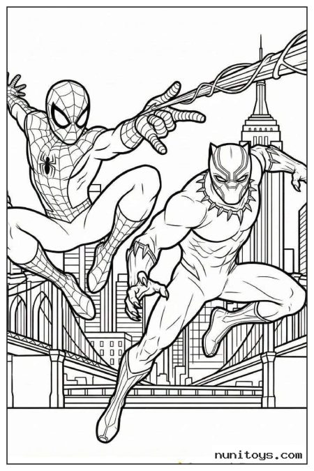 Coloring Sheet of Spiderman and Black Panther Leaping Over City