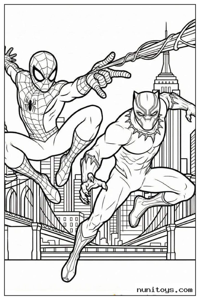 Coloriage Spiderman et Black Panther bondissant devant la ville