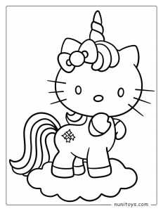 Unicorn Hello Kitty Standing on a Cloud Coloring Page
