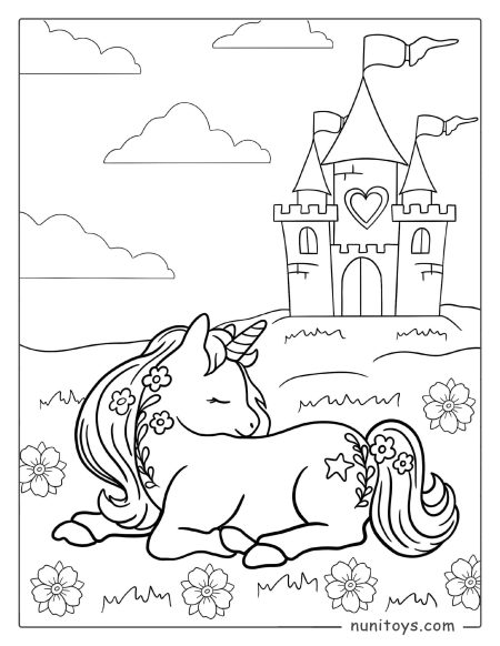 Magical Unicorn in a Beautiful flower field Coloring Page