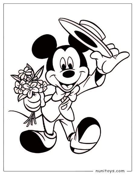Mickey Mouse Holding Flowers and Tipping Hat Coloring Page
