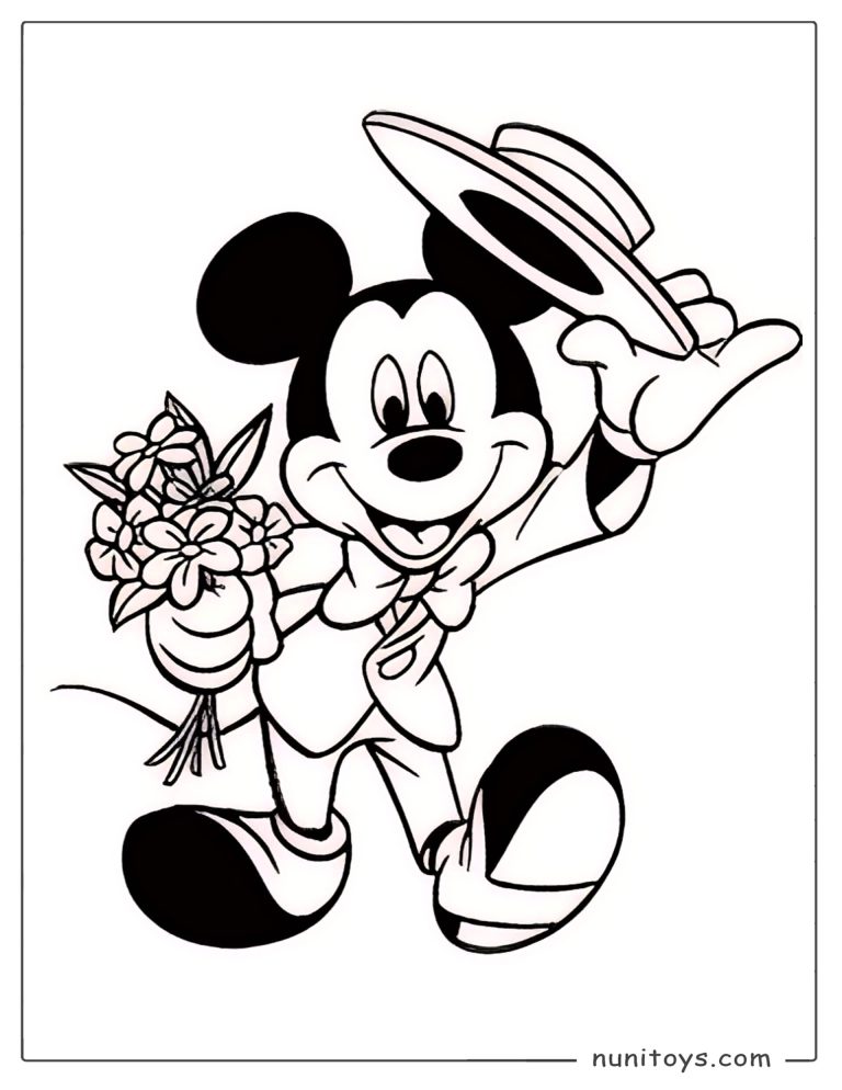 Coloriage Mickey Mouse tenant des fleurs et soulevant son chapeau