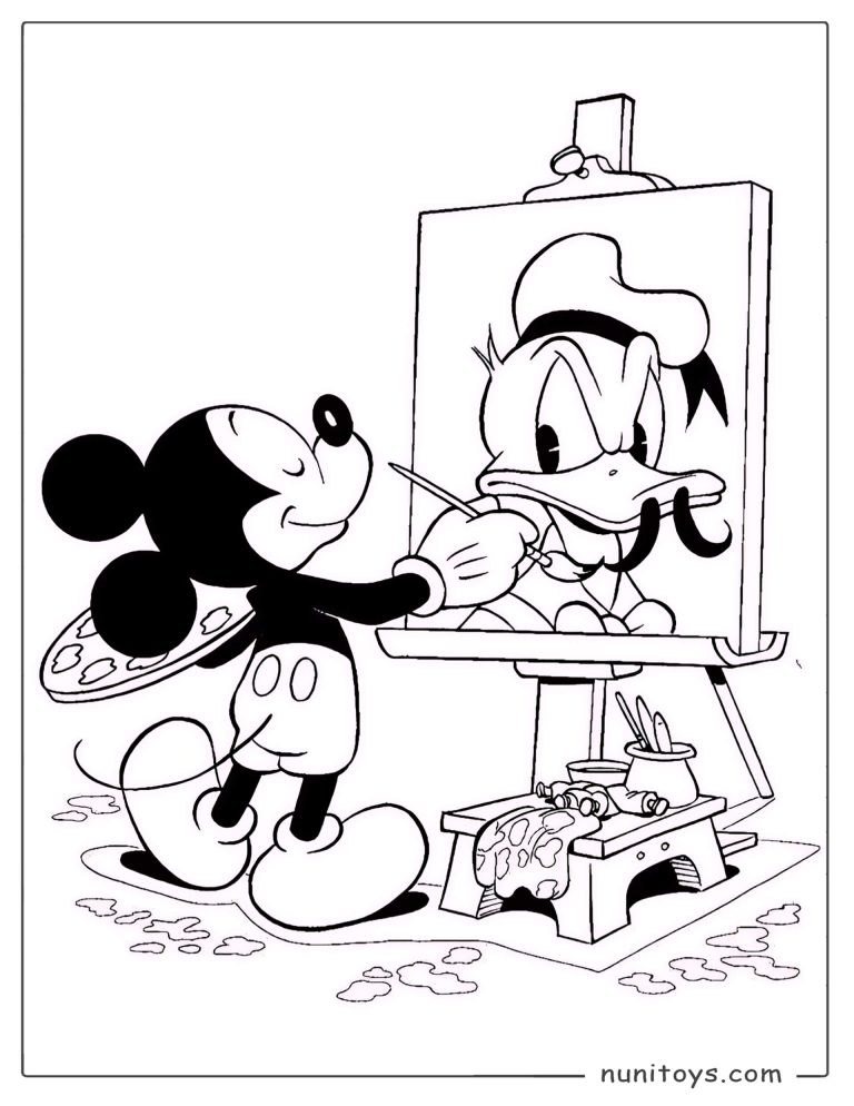 Coloriage Mickey Mouse peignant le portrait de Donald Duck
