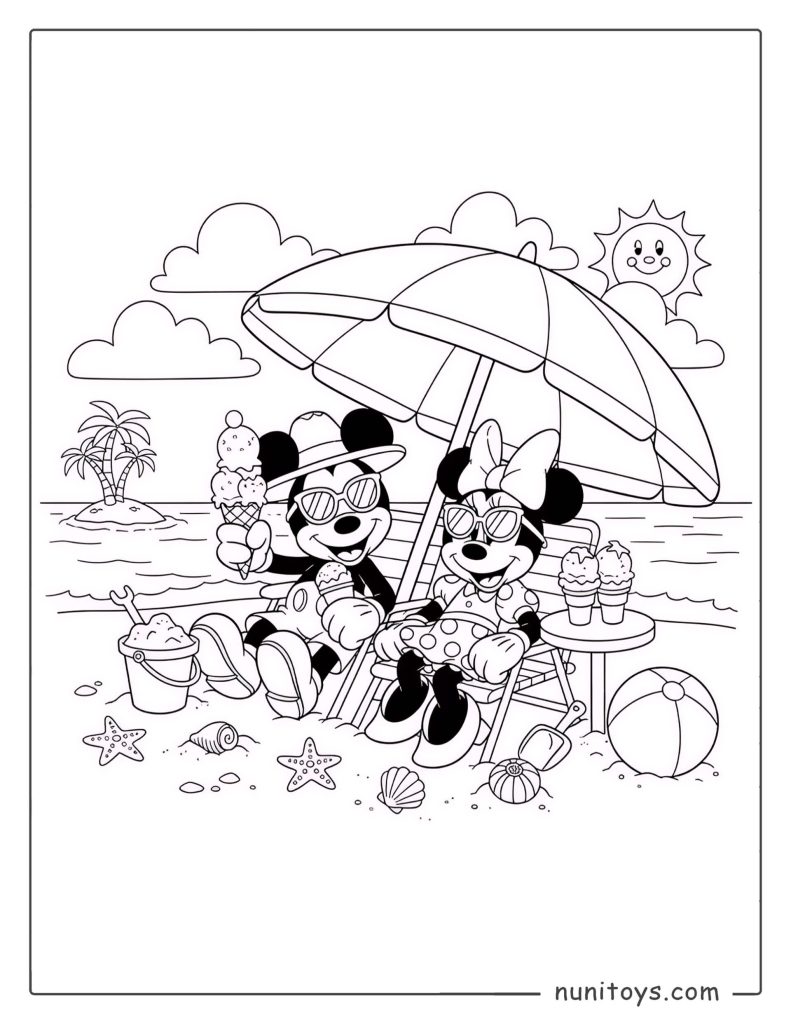 Mickey Mouse and Minnie at the Beach Coloring Page