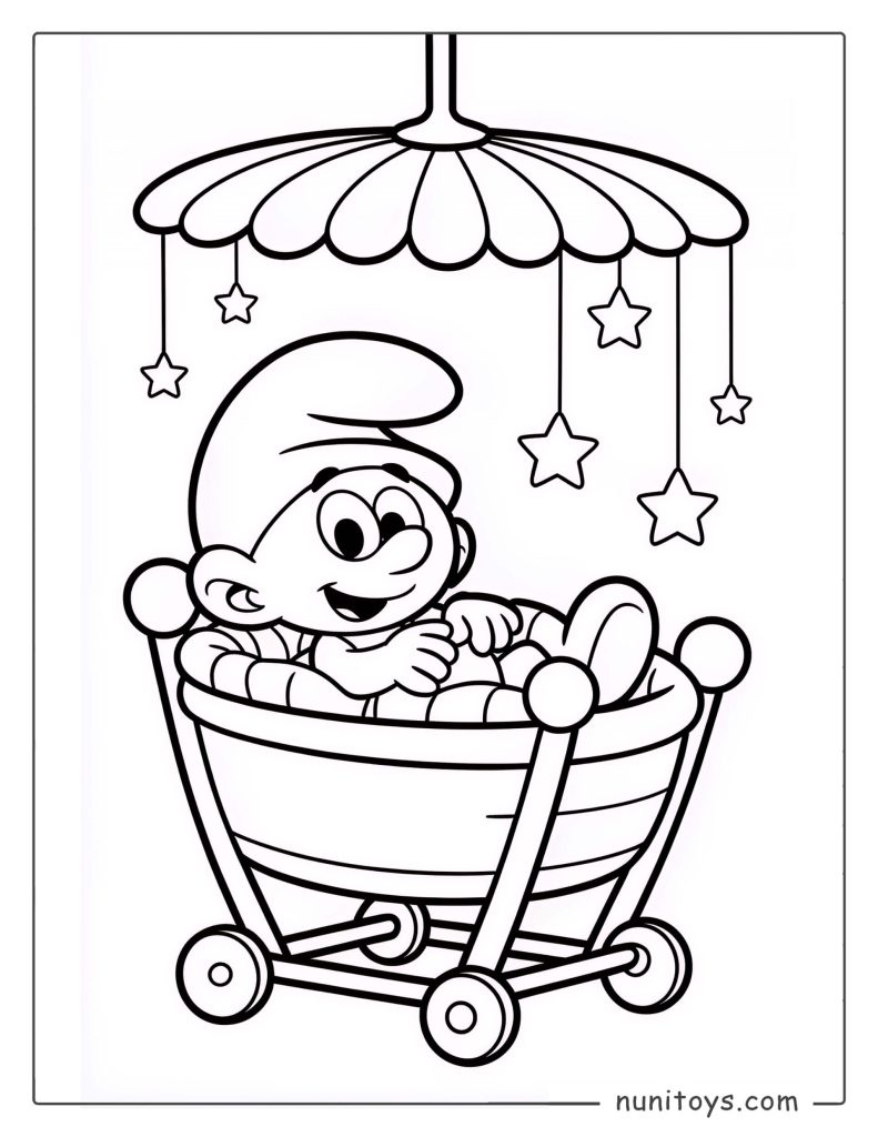 Adorable Baby Smurf Relaxing in a Cradle Coloring Page