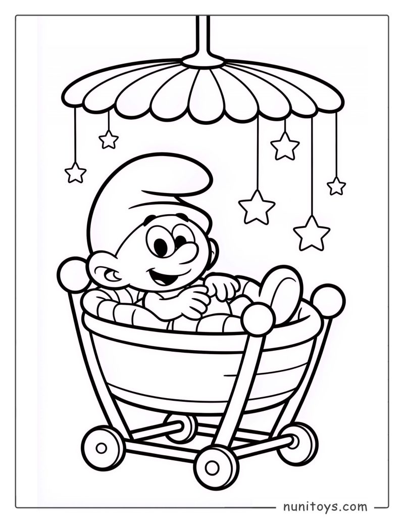 Adorable Baby Smurf Relaxing in a Cradle Coloring Page