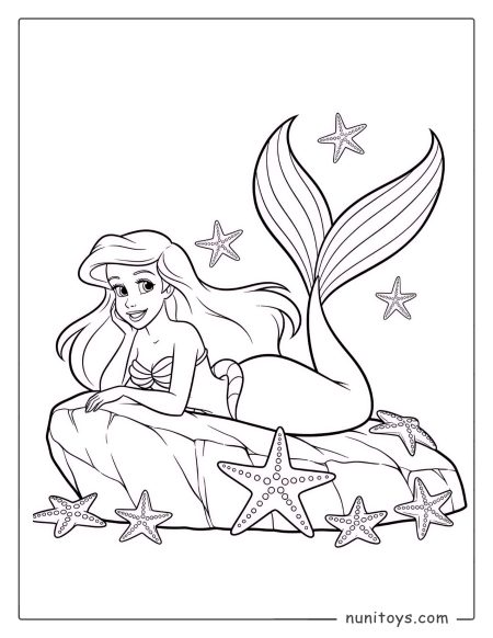 Ariel the Little Mermaid Resting on a Rock Coloring Page