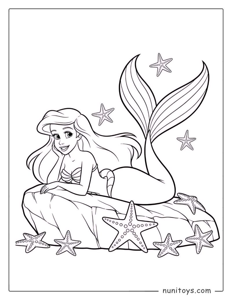 Ariel the Little Mermaid Resting on a Rock Coloring Page