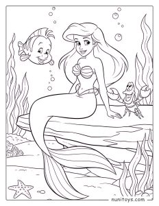 Ariel the Little Mermaid Sitting on a Rock with Flounder and Sebastian Coloring Page