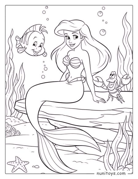 Ariel the Little Mermaid Sitting on a Rock with Flounder and Sebastian Coloring Page