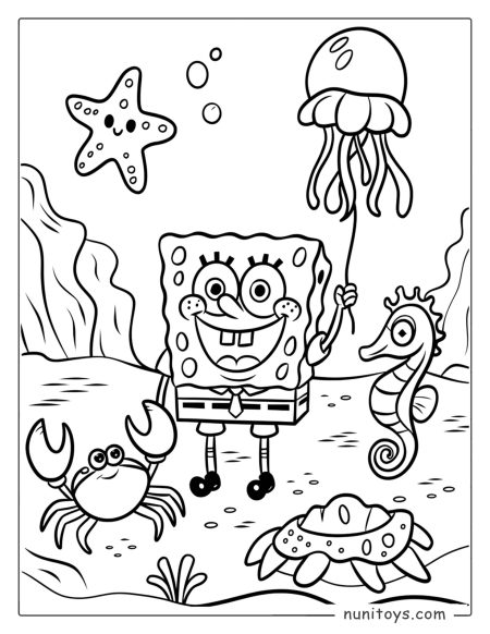 Bob Esponja bajo el mar con sus amigos – Página para colorear