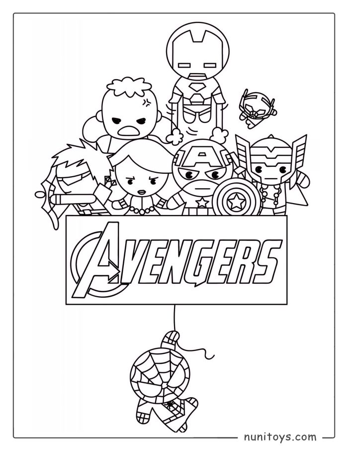Coloriage Avengers chibi avec Spiderman et les Avengers