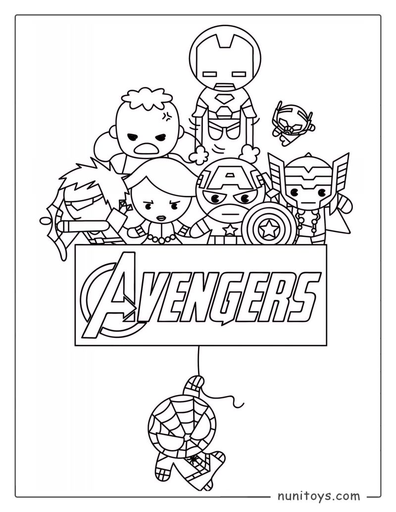 Coloriage Avengers chibi avec Spiderman et les Avengers