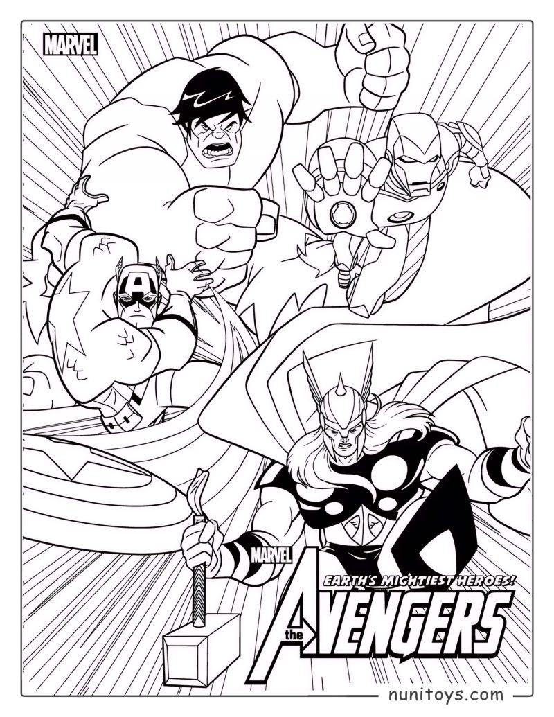 Coloriage Avengers en action avec Hulk, Iron Man, Thor et Captain America