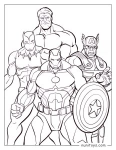 Coloriage Avengers réunis avec Iron Man, Captain America, Thor et Black Panther