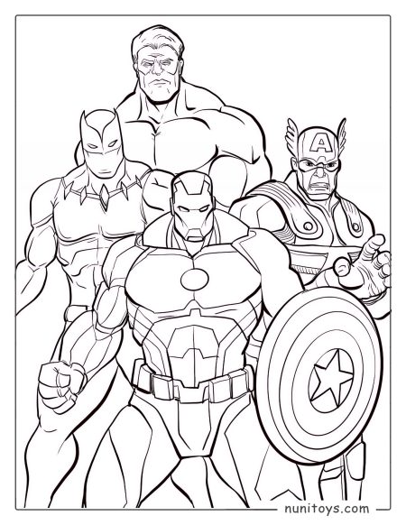 Coloriage Avengers réunis avec Iron Man, Captain America, Thor et Black Panther