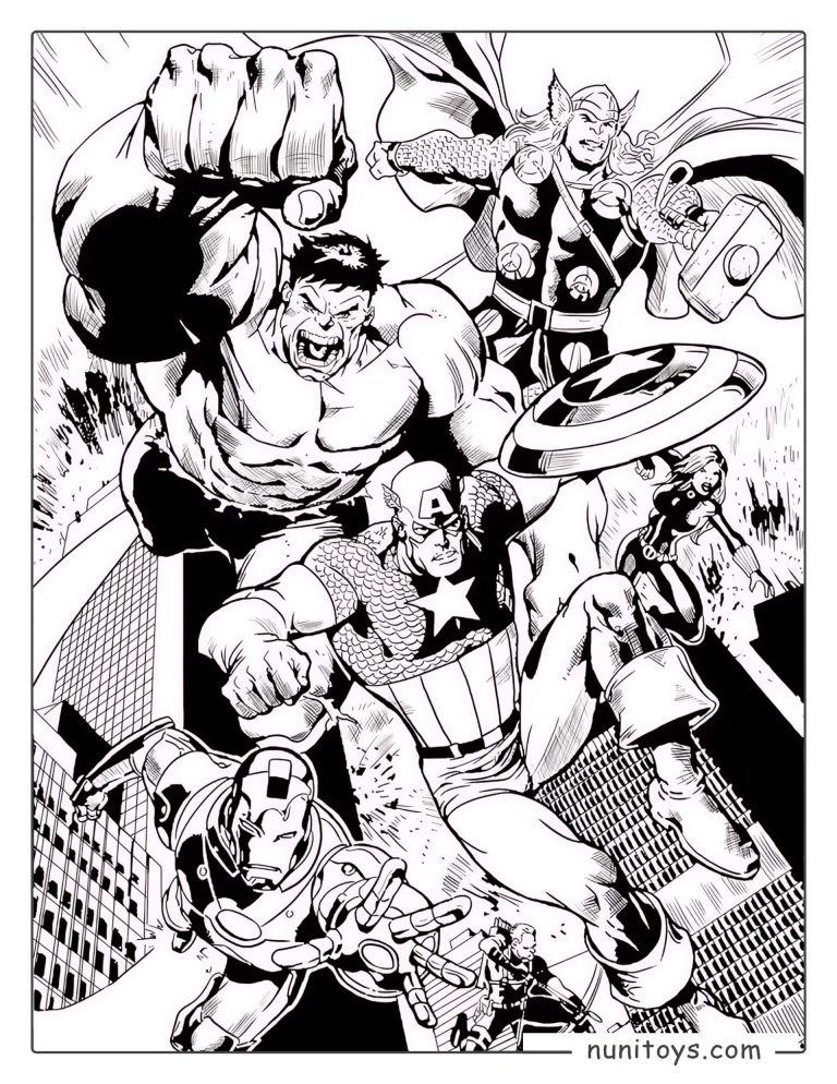 Coloriage Avengers – scène de bataille épique