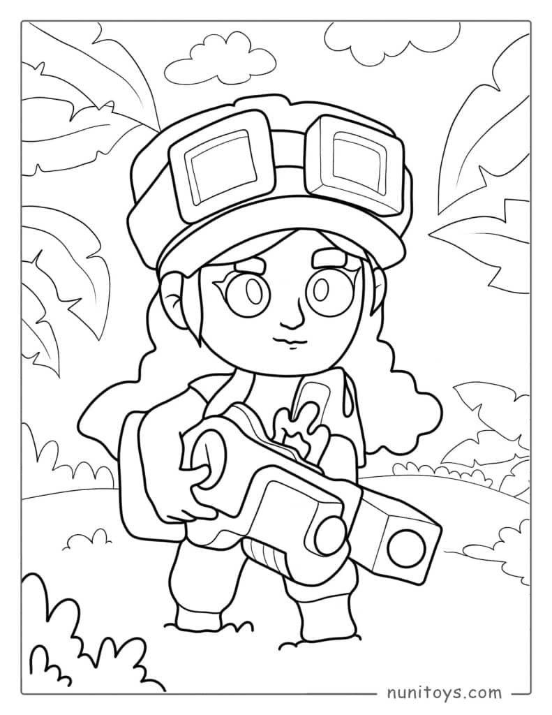 Coloriage Brawl Stars de Jessie portant son arme